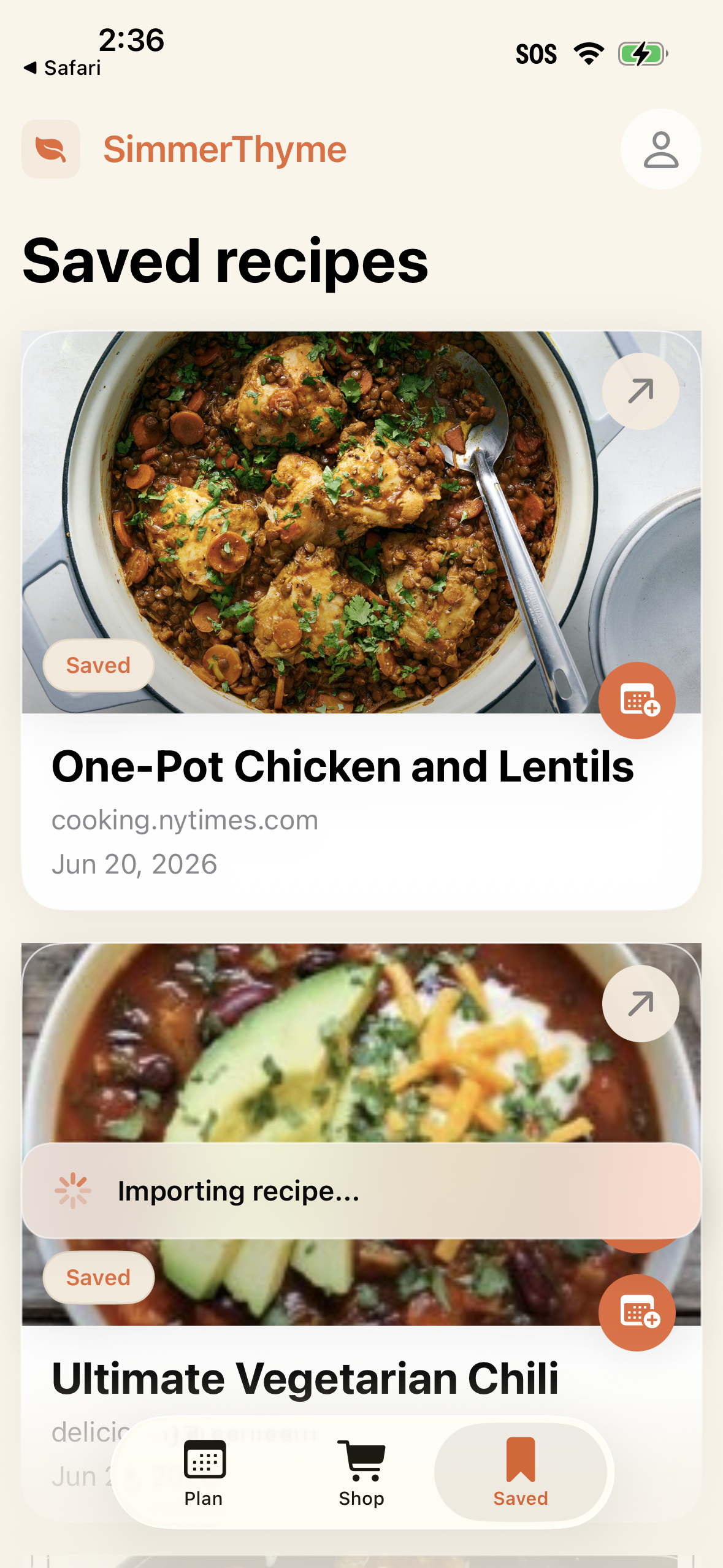 Saved recipes in SimmerThyme